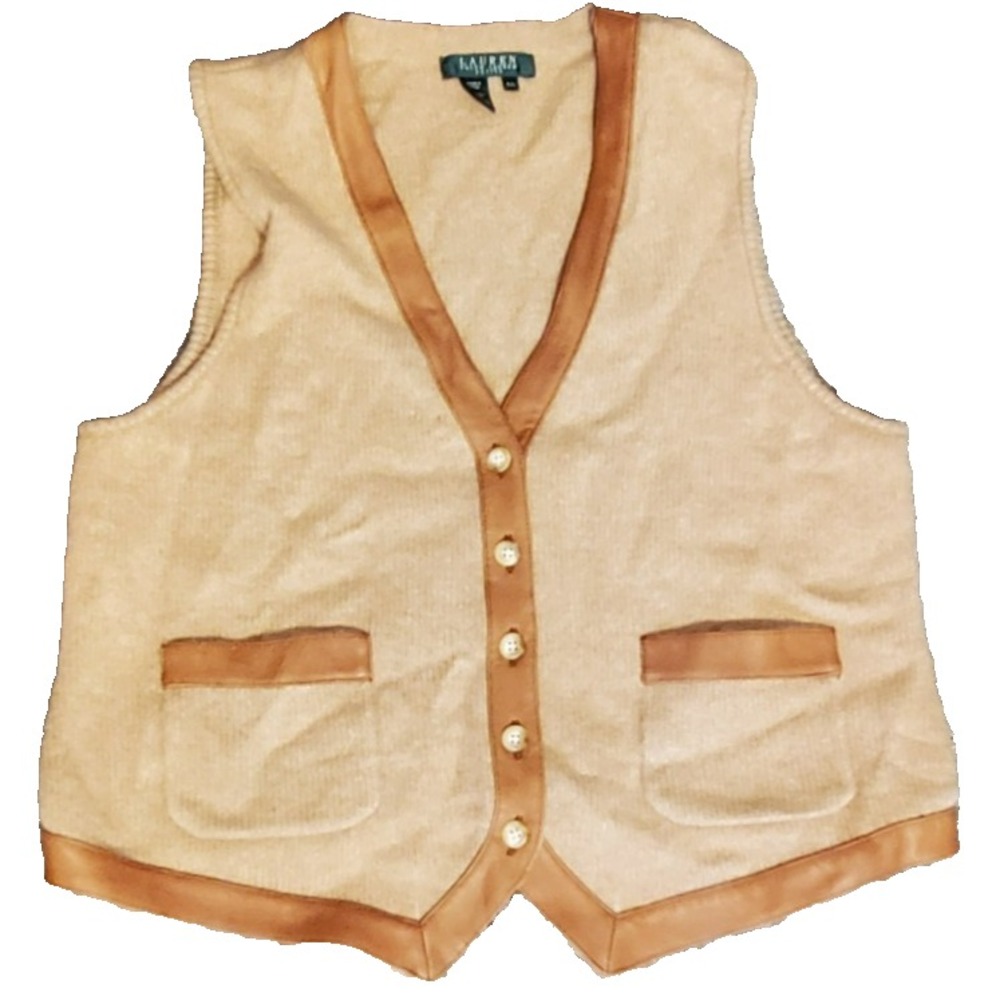 Ralph Lauren Cashmere Wool Leather Sweater Vest Leather Trimmed Size L Petite‎